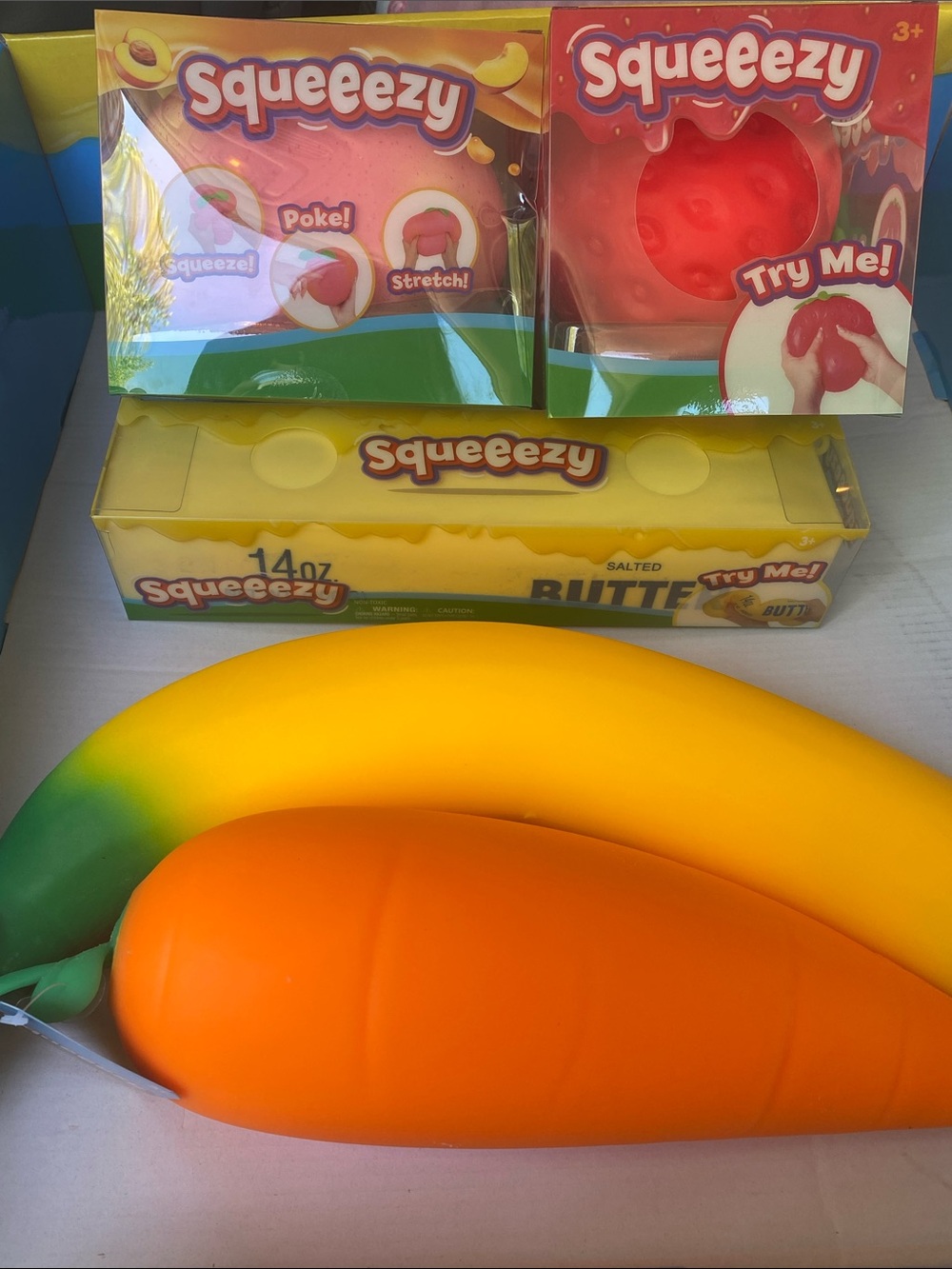 Squeezy Bundle 5 Brand New Squishy Toys Peach Strawberry Butter Banana Carrot
